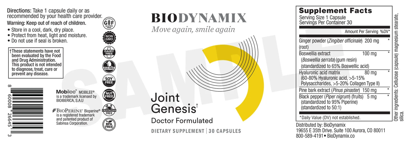 Complete Joint Genesis label showing directions, all five ingredient amounts and other ingredients